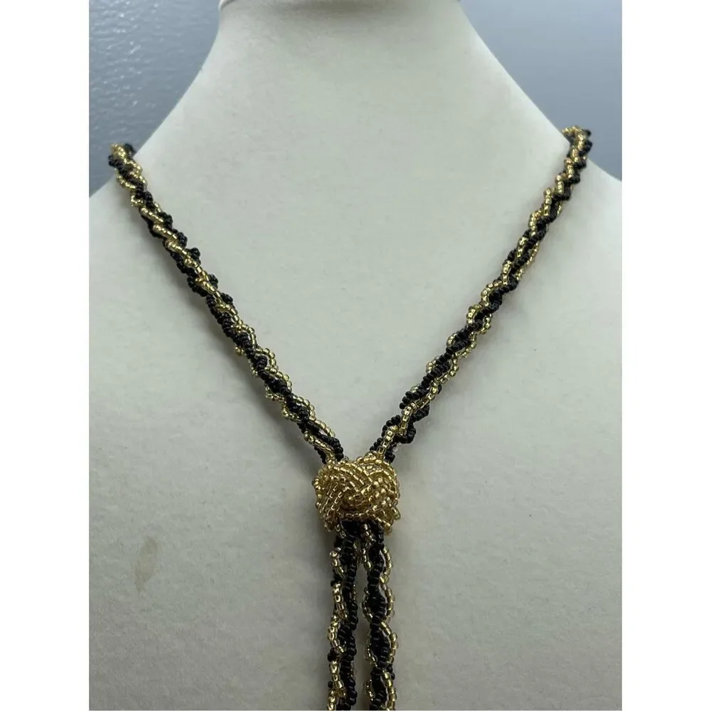Vintage long seed bead flapper style black n gold necklace - Picture 6 of 11
